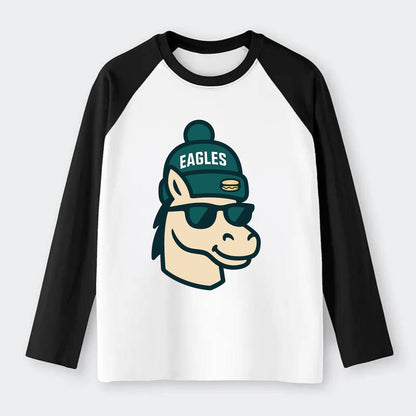 Philadelphia Horse wearing Eagles beanie with cheesesteak patch and - Raglan Long Sleeve T-Shirt - Black