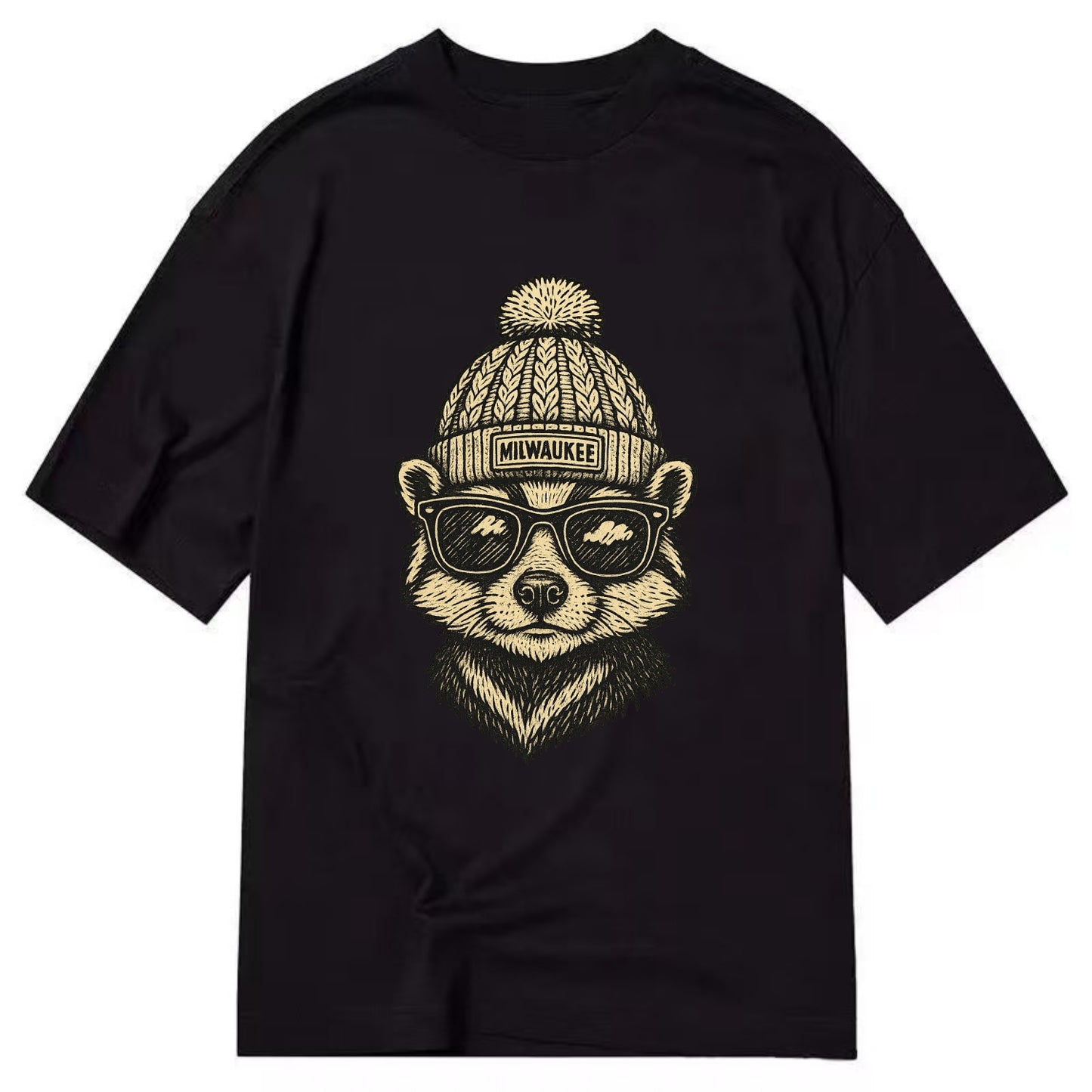 Wisconsin Badger wearing Milwaukee beanie with pom pom and wayfarer sunglasses - Classic T-shirt - Black