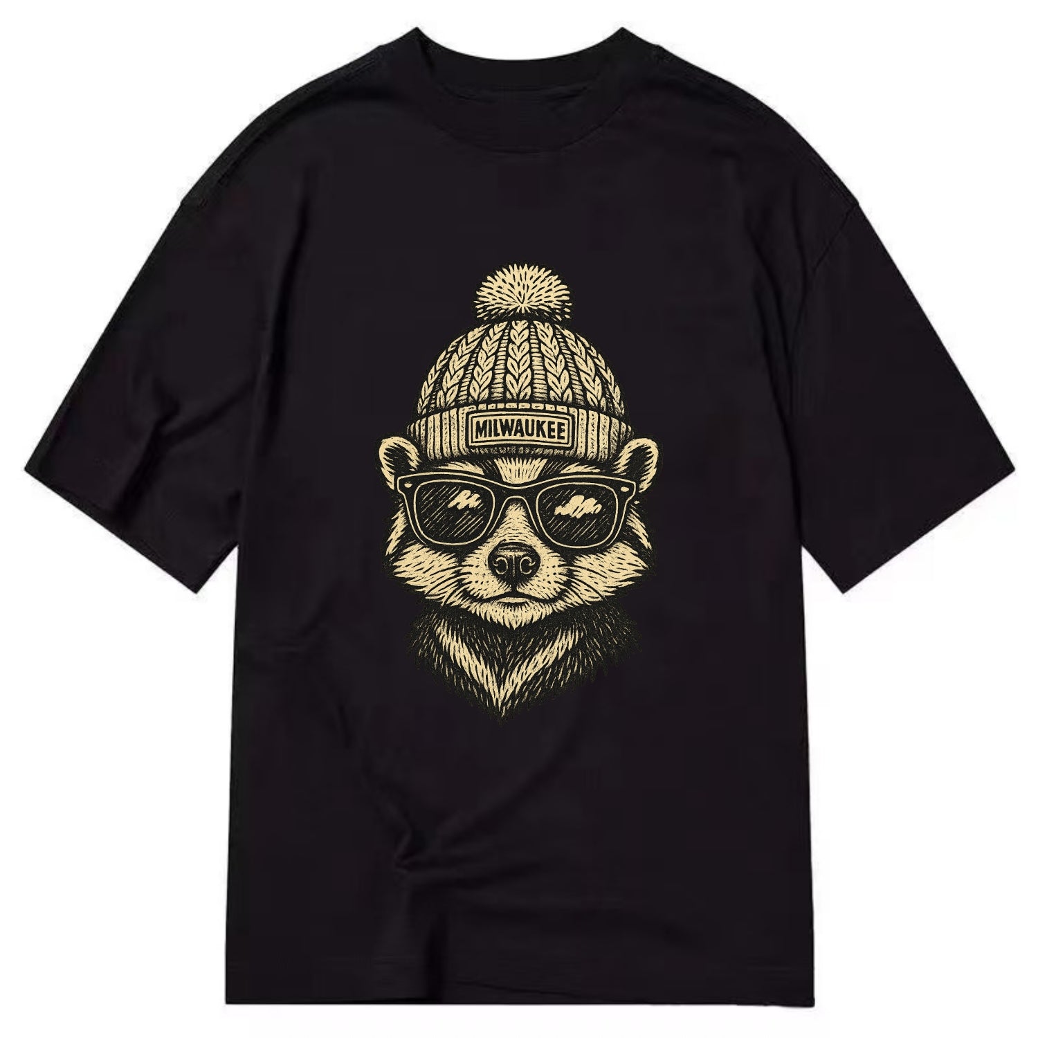 Wisconsin Badger wearing Milwaukee beanie with pom pom and wayfarer sunglasses - Classic T-shirt - Black