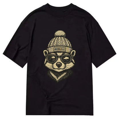 Wisconsin Badger wearing Milwaukee beanie with pom pom and wayfarer sunglasses - Classic T-shirt - Black