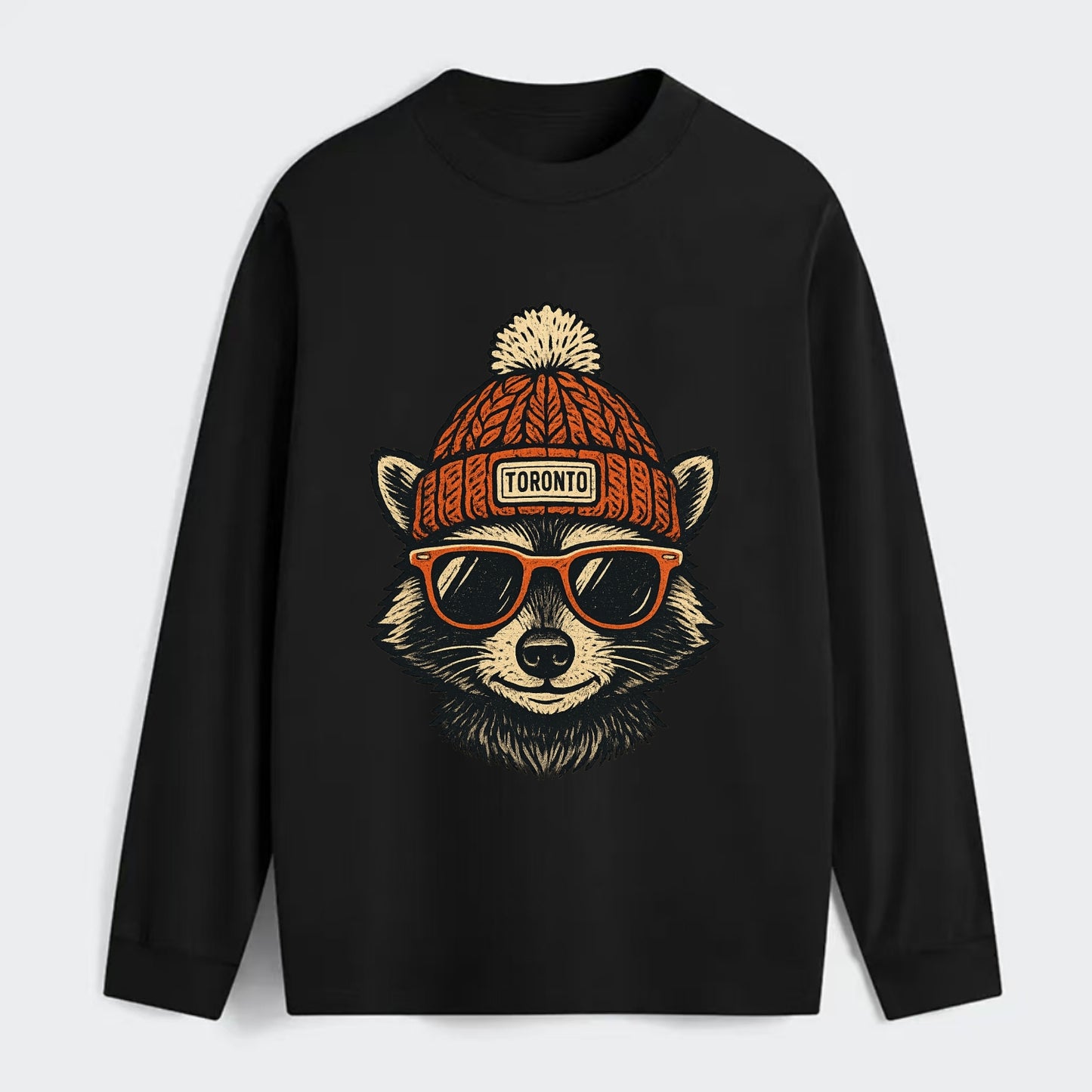 Toronto Raccoon wearing Toronto beanie with pom pom and wayfarer - Classic Long Sleeve Shirt - Black