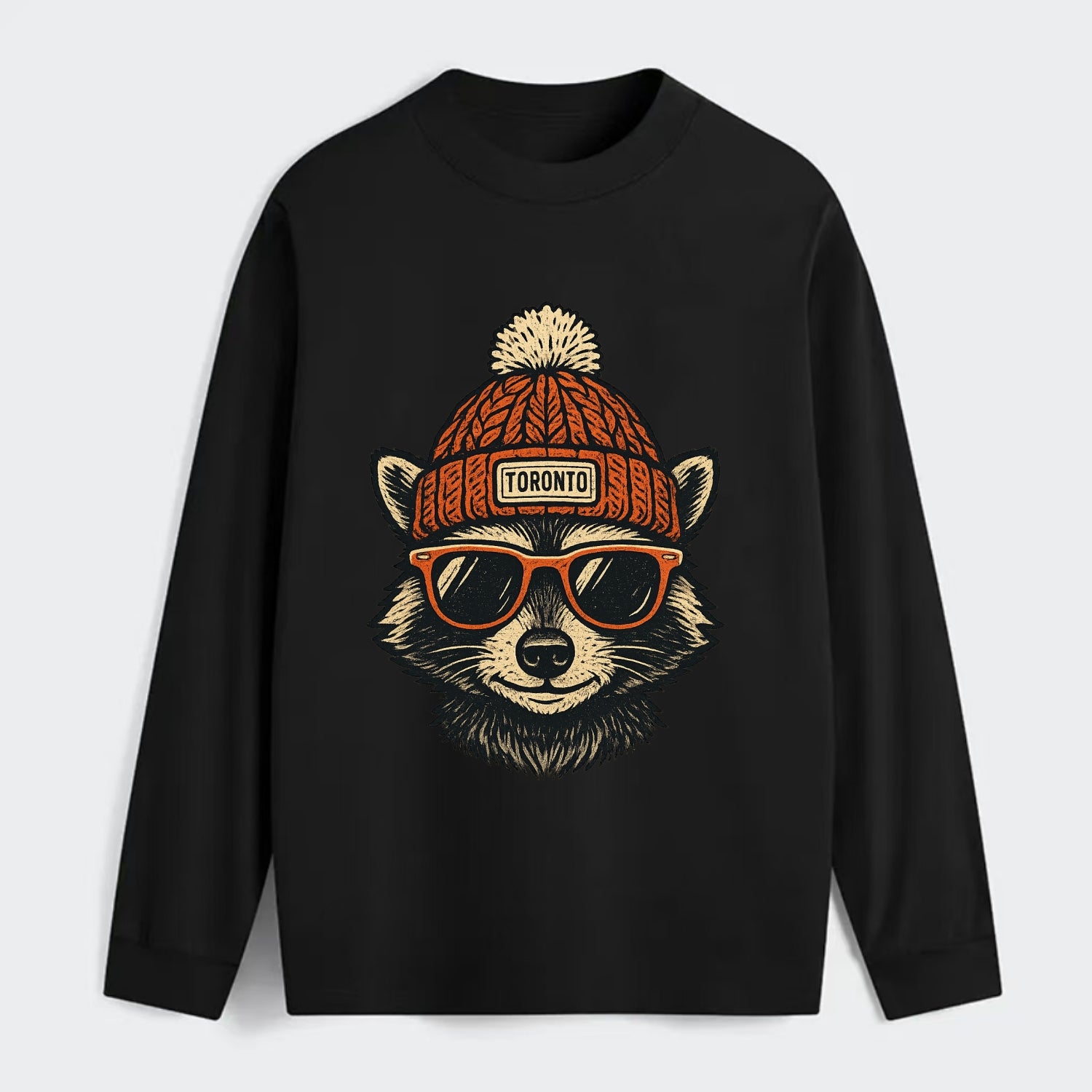 Toronto Raccoon wearing Toronto beanie with pom pom and wayfarer - Classic Long Sleeve Shirt - Black
