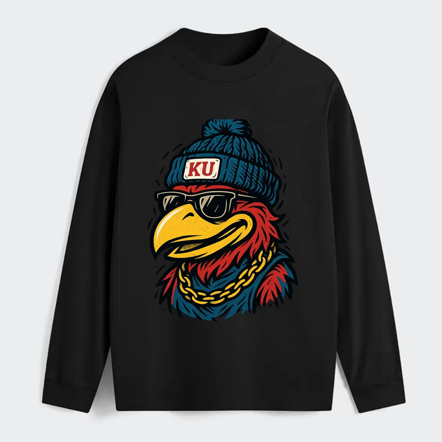 Lawrence Jayhawk wearing Kansas beanie with KU patch - Classic Long Sleeve Shirt - Black