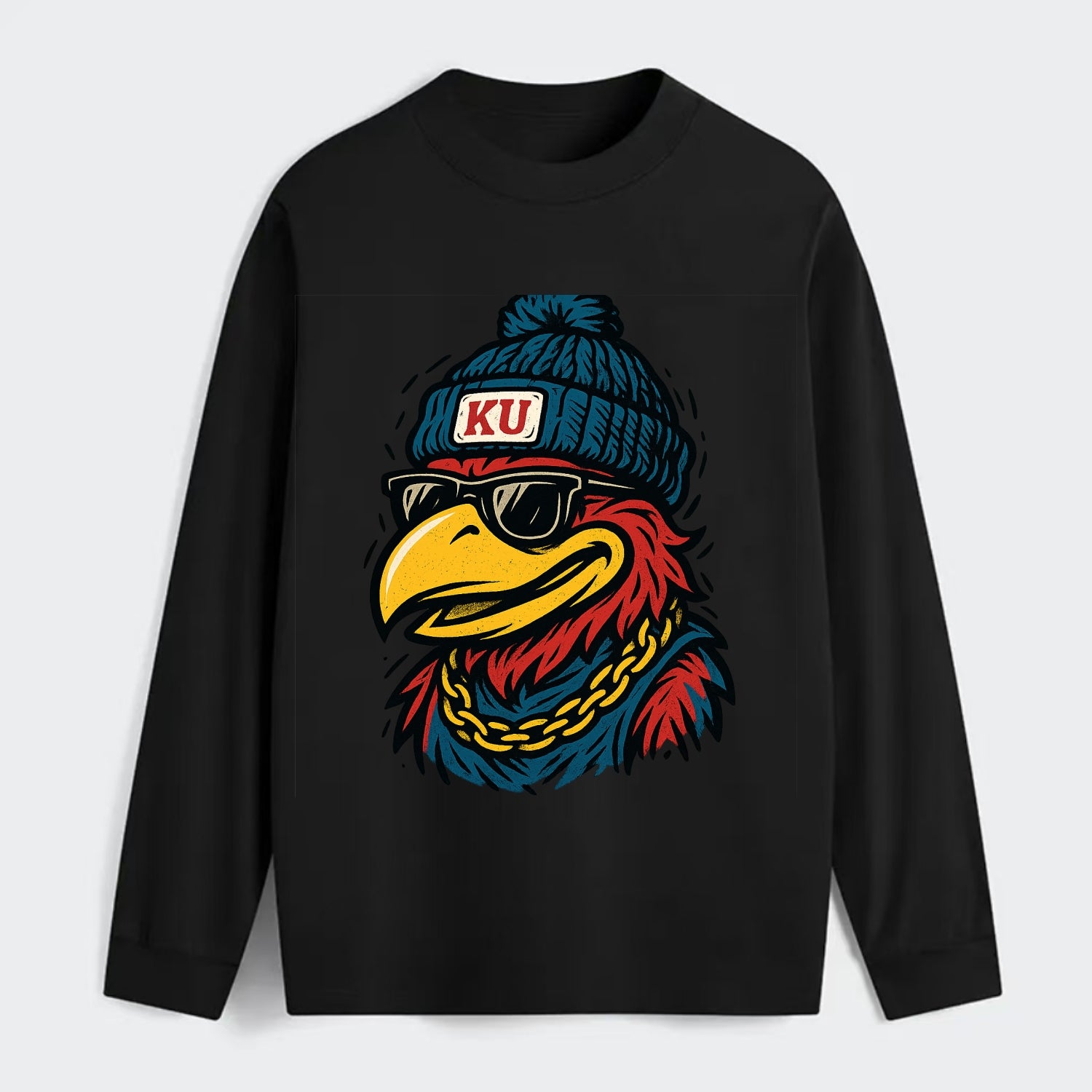 Lawrence Jayhawk wearing Kansas beanie with KU patch - Classic Long Sleeve Shirt - Black