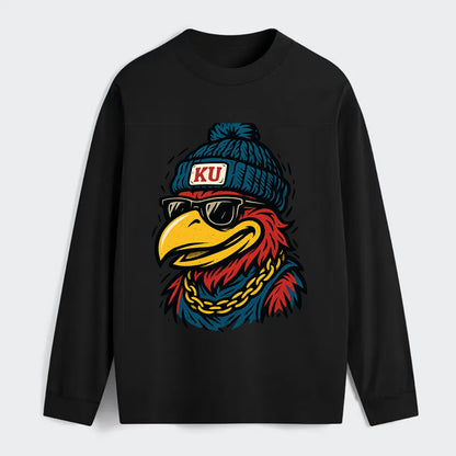 Lawrence Jayhawk wearing Kansas beanie with KU patch - Classic Long Sleeve Shirt - Black