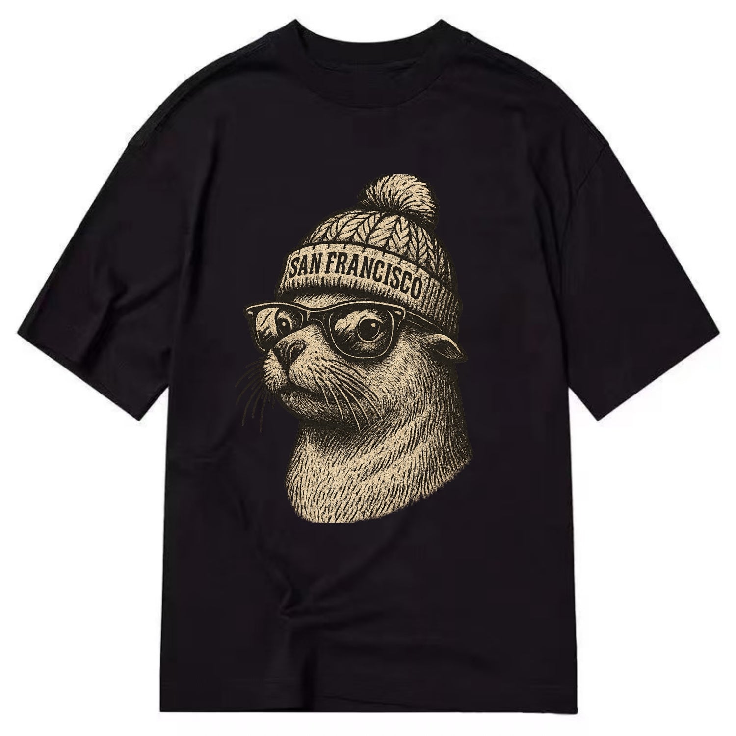 San Francisco Sea Lion wearing San Francisco beanie with pom pom and wayfarer - Classic T-shirt - Black