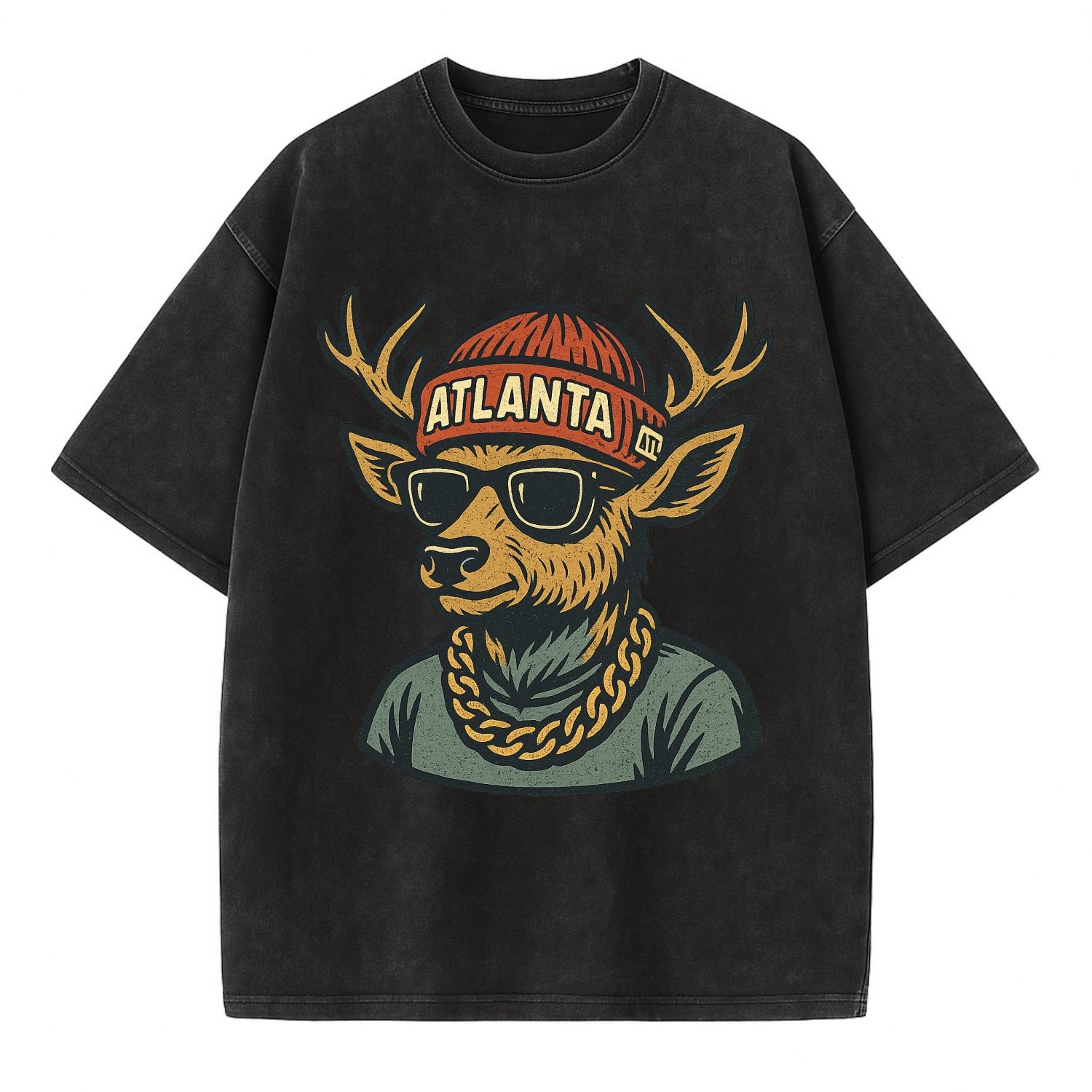 "deer" "atlanta" "atl" "red" "us South" - Vintage T-shirt - Black