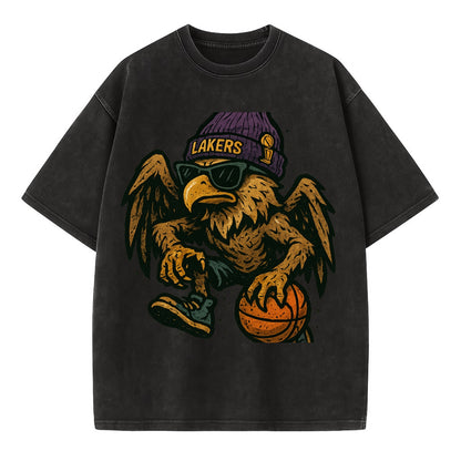Los Angeles Golden Eagle wearing Lakers beanie with trophy patch and wayfarer - Vintage T-shirt - Black