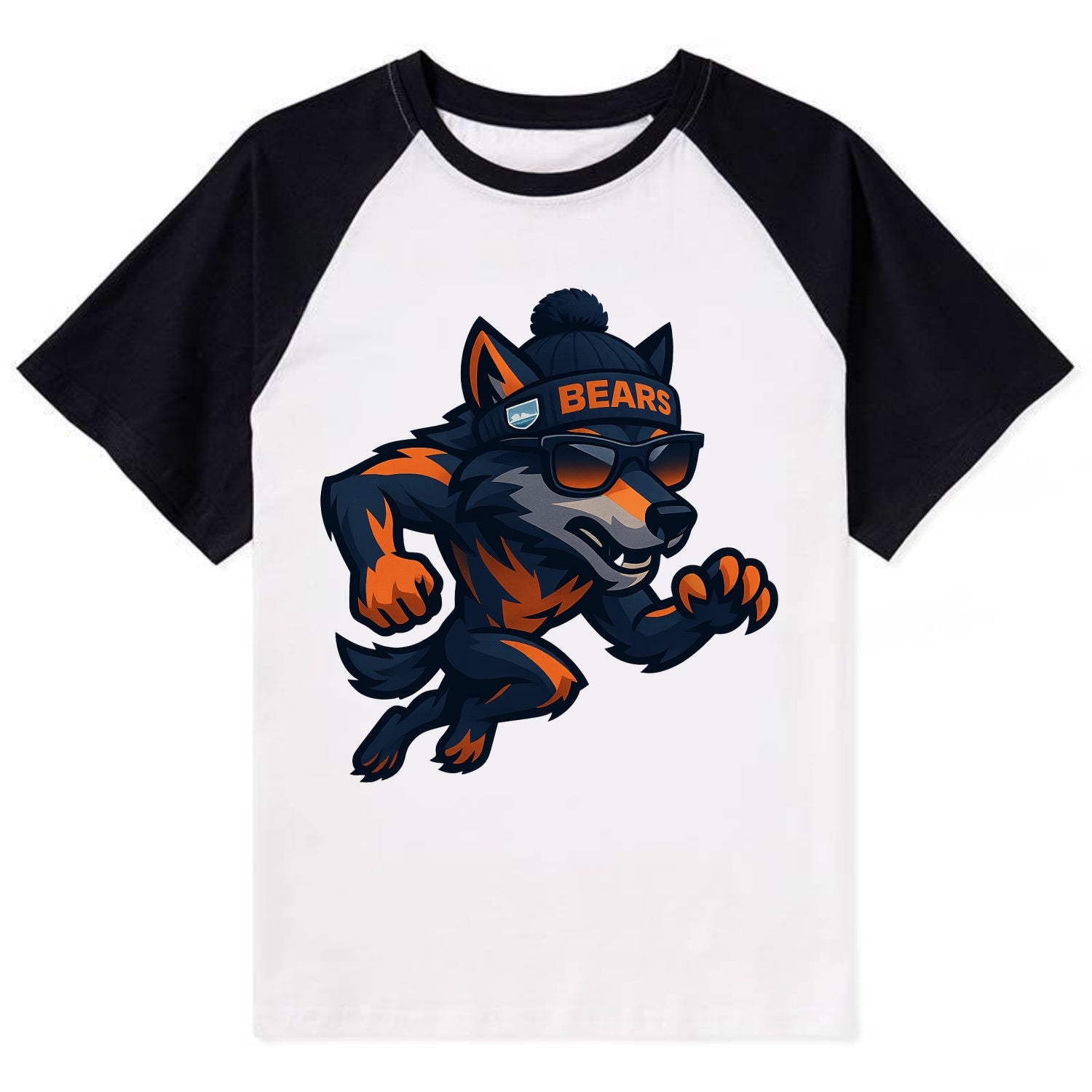 Chicago Wolf wearing Bears beanie with Lake Michigan patch and wayfarer - Contrast Raglan T-shirt - Black