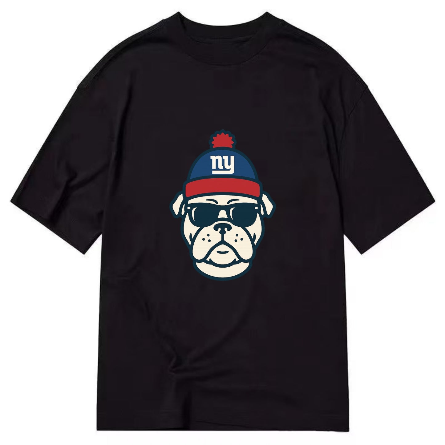 New York Bulldog wearing Giants blue and red beanie with pom pom and wayfarer - Classic T-shirt - Black