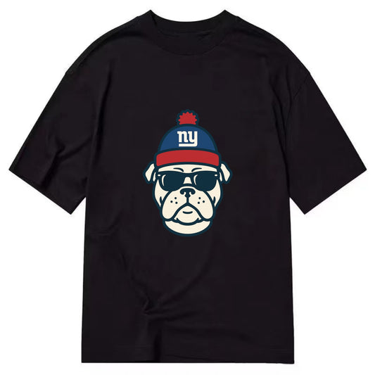 New York Bulldog wearing Giants blue and red beanie with pom pom and wayfarer - Classic T-shirt - Black