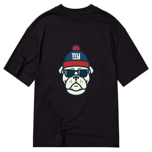 New York Bulldog wearing Giants blue and red beanie with pom pom and wayfarer - Classic T-shirt