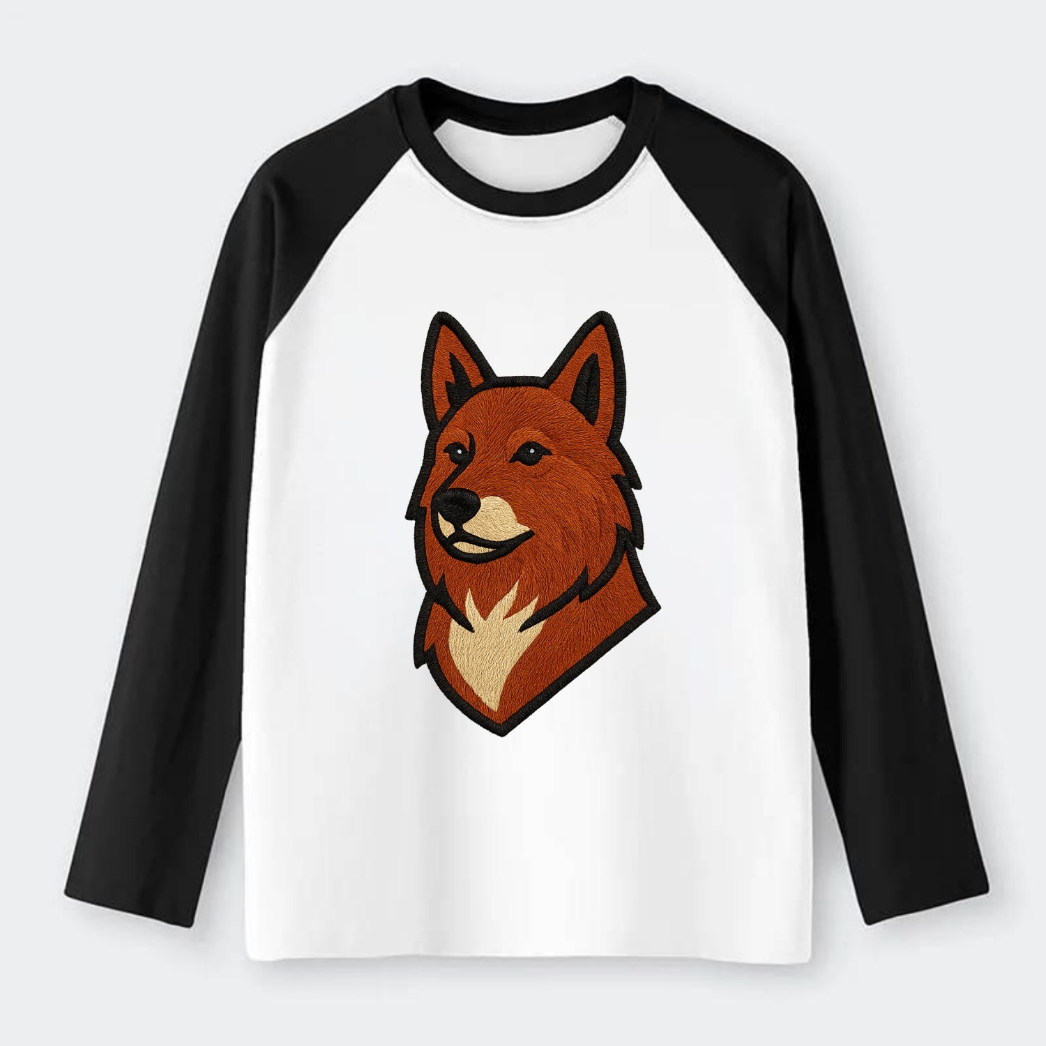 Finnish Spitz - Fox-red pointed ears embroidered pose - Raglan Long Sleeve T-Shirt - Black