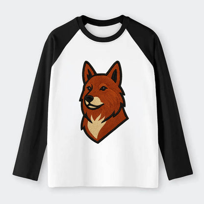 Finnish Spitz - Fox-red pointed ears embroidered pose - Raglan Long Sleeve T-Shirt - Black