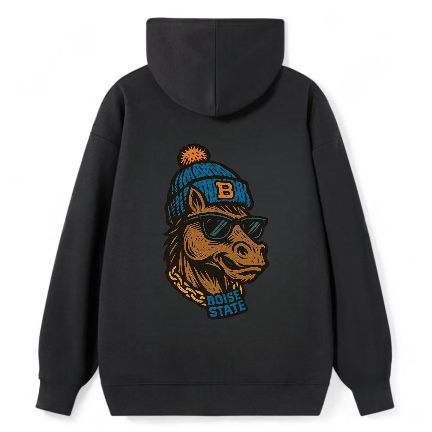 Boise Bronco wearing Boise State beanie with B patch - Classic Pullover Hoodie - Black