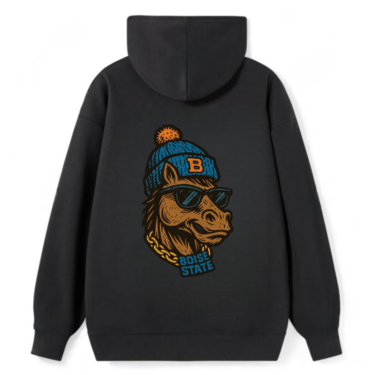 Boise Bronco wearing Boise State beanie with B patch - Classic Pullover Hoodie - Black