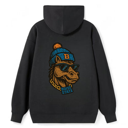 Boise Bronco wearing Boise State beanie with B patch - Classic Pullover Hoodie - Black