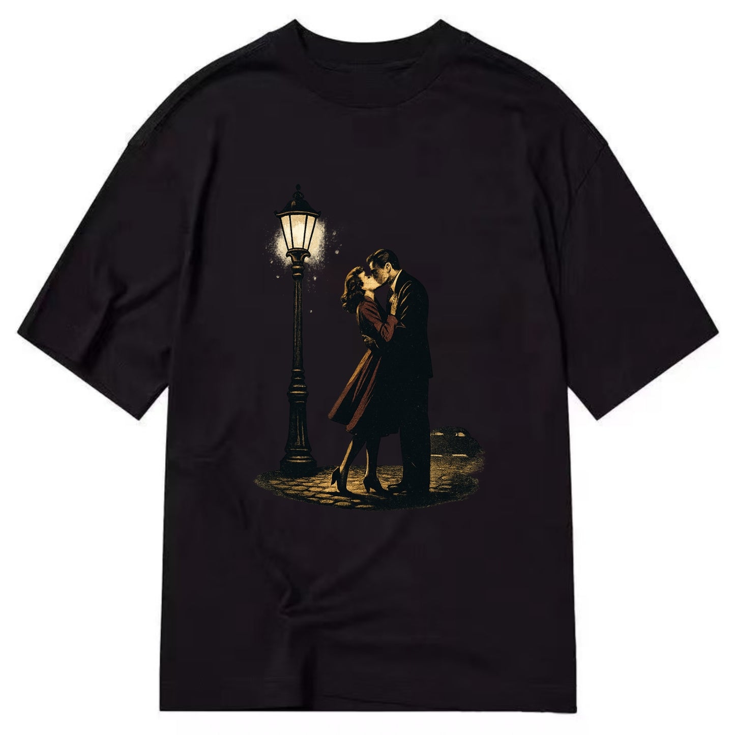 first kiss under vintage street lamp on cobblestone at night - Classic T-shirt - Black