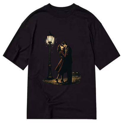 first kiss under vintage street lamp on cobblestone at night - Classic T-shirt - Black