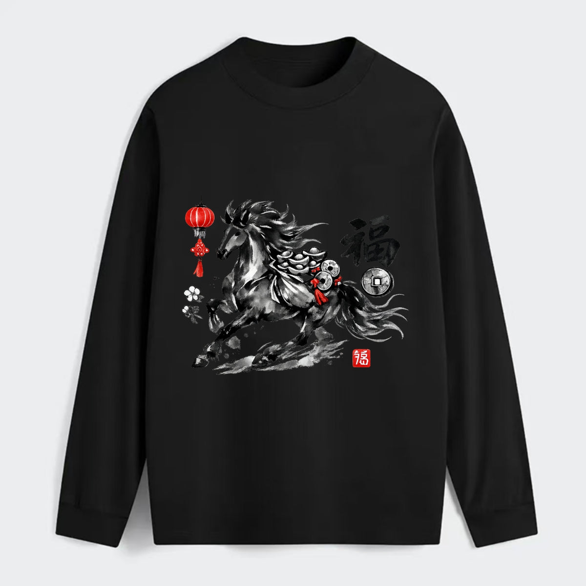 PROSPERITY HORSE | Horse carrying gold ingots and coins | Chinese knot - Classic Long Sleeve Shirt - Black