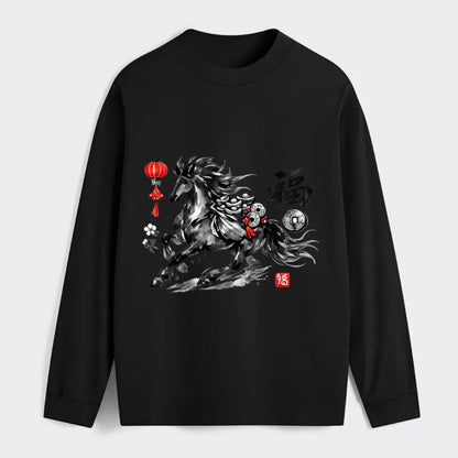 PROSPERITY HORSE | Horse carrying gold ingots and coins | Chinese knot - Classic Long Sleeve Shirt - Black