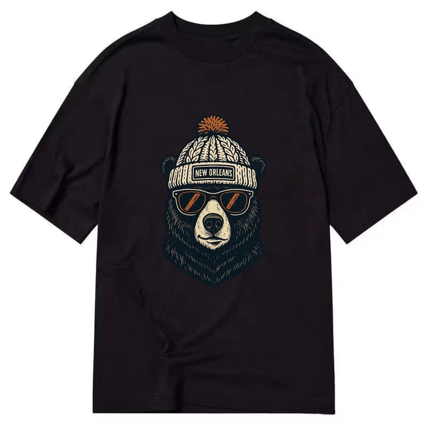 Louisiana Black Bear wearing New Orleans beanie with pom pom and wayfarer - Classic T-shirt - Black