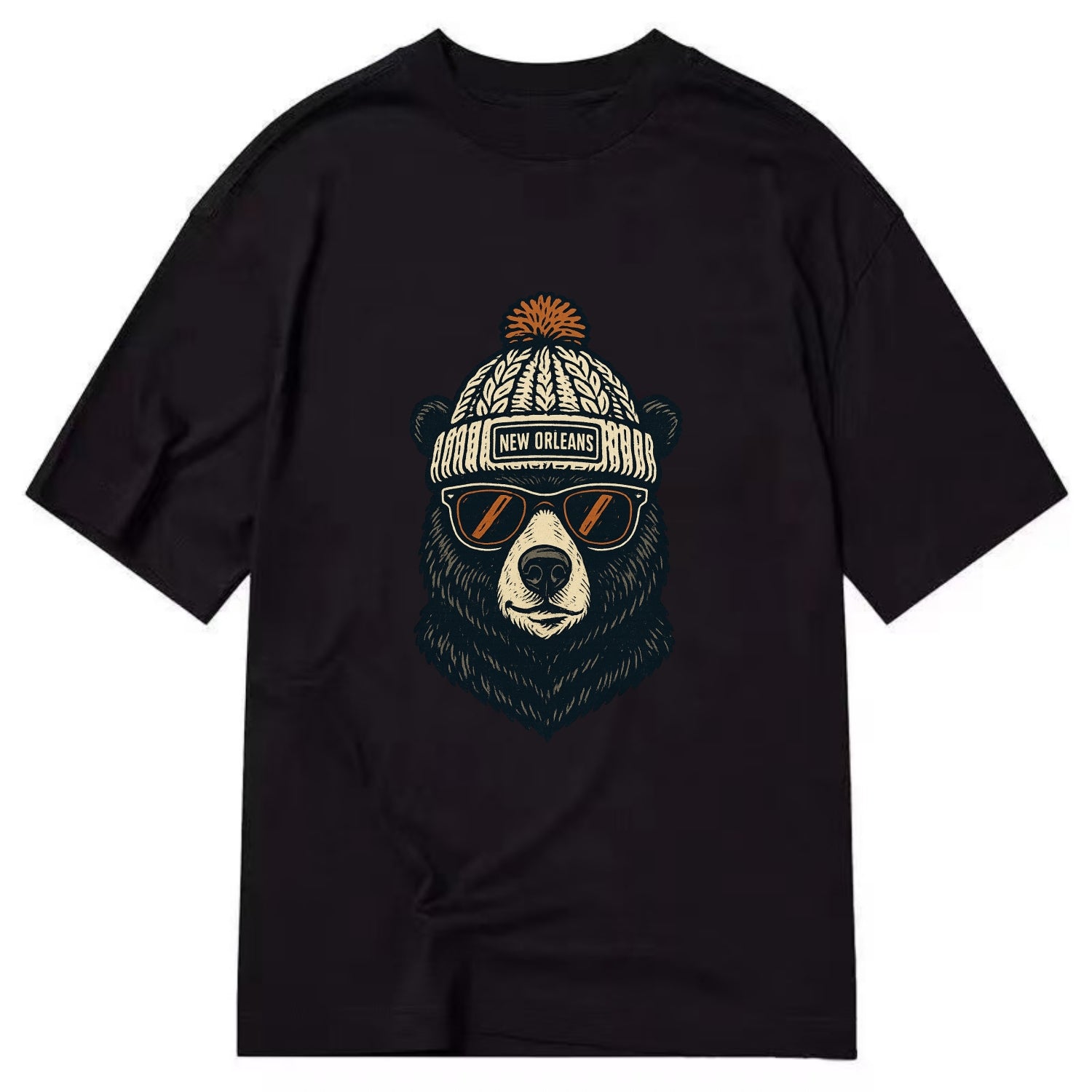 Louisiana Black Bear wearing New Orleans beanie with pom pom and wayfarer - Classic T-shirt - Black