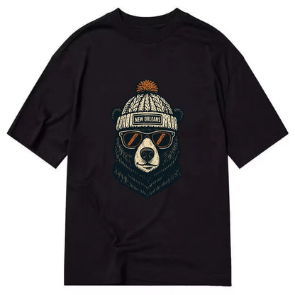 Louisiana Black Bear wearing New Orleans beanie with pom pom and wayfarer - Classic T-shirt - Black