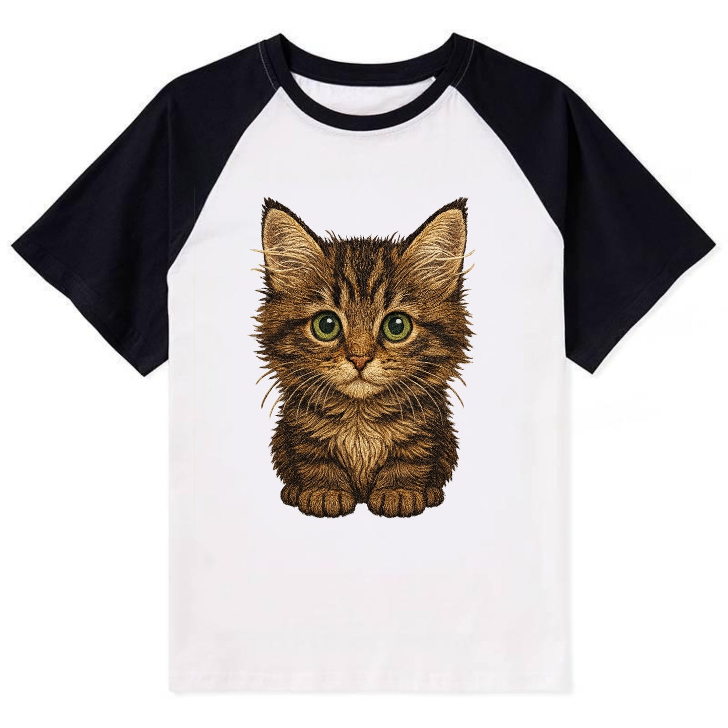 Baby Maine Coon Kitten - large fluffy tabby, tufted ears, big green eyes, - Contrast Raglan T-shirt - Black