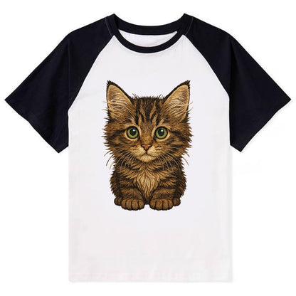 Baby Maine Coon Kitten - large fluffy tabby, tufted ears, big green eyes, - Contrast Raglan T-shirt - Black