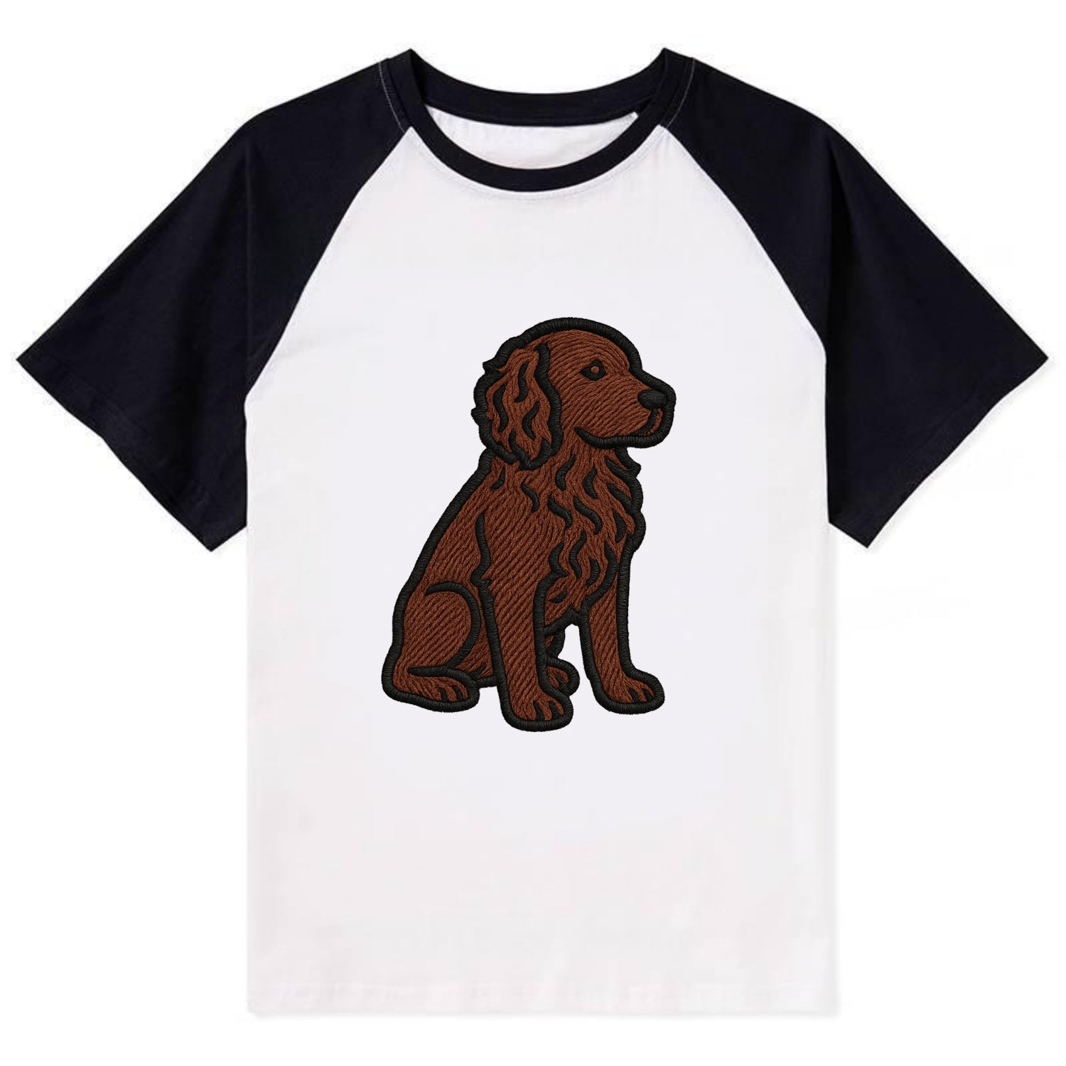 Boykin Spaniel - Rich chocolate brown wavy coat embroidered sitting pose - Contrast Raglan T-shirt - Black
