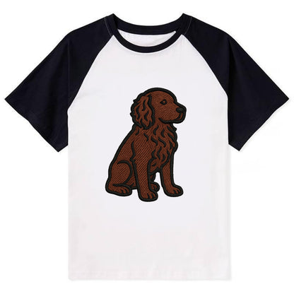 Boykin Spaniel - Rich chocolate brown wavy coat embroidered sitting pose - Contrast Raglan T-shirt - Black