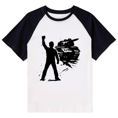 Single figure standing against tank - courage and resistance ink art - Contrast Raglan T-shirt - Black
