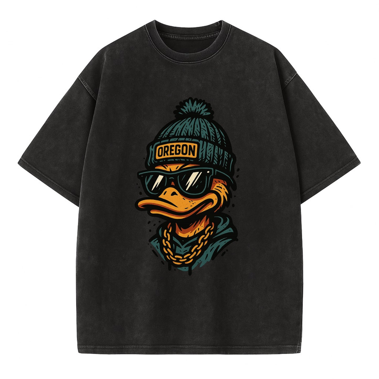 Eugene Duck wearing Oregon beanie with p - Vintage T-shirt - Black