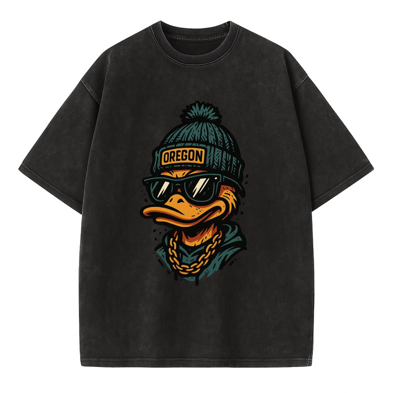 Eugene Duck wearing Oregon beanie with p - Vintage T-shirt - Black