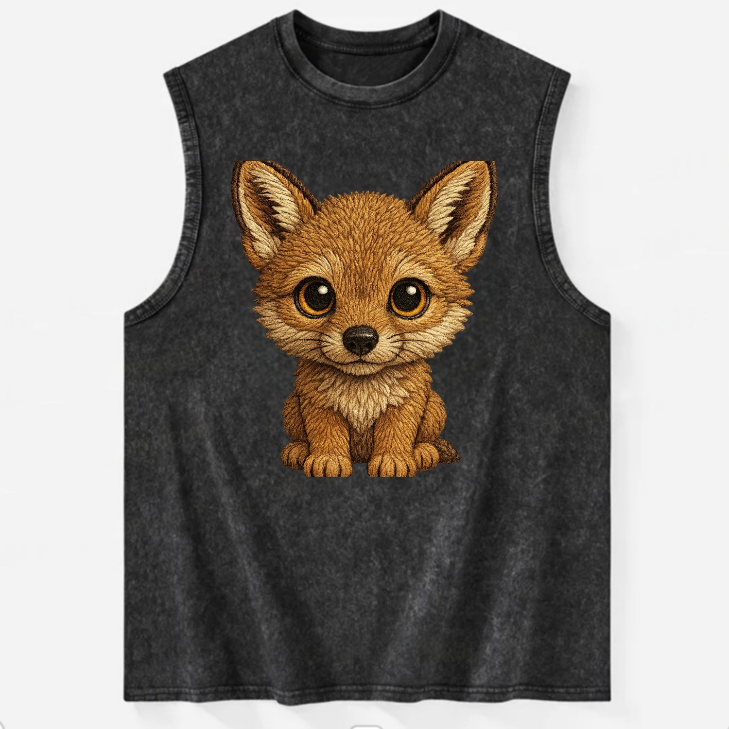 Baby Coyote Pup - tan fur, large ears, golden eyes, front-facing, clever baby - Vintage Washed Tank - Black