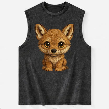 Baby Coyote Pup - tan fur, large ears, golden eyes, front-facing, clever baby - Vintage Washed Tank - Black