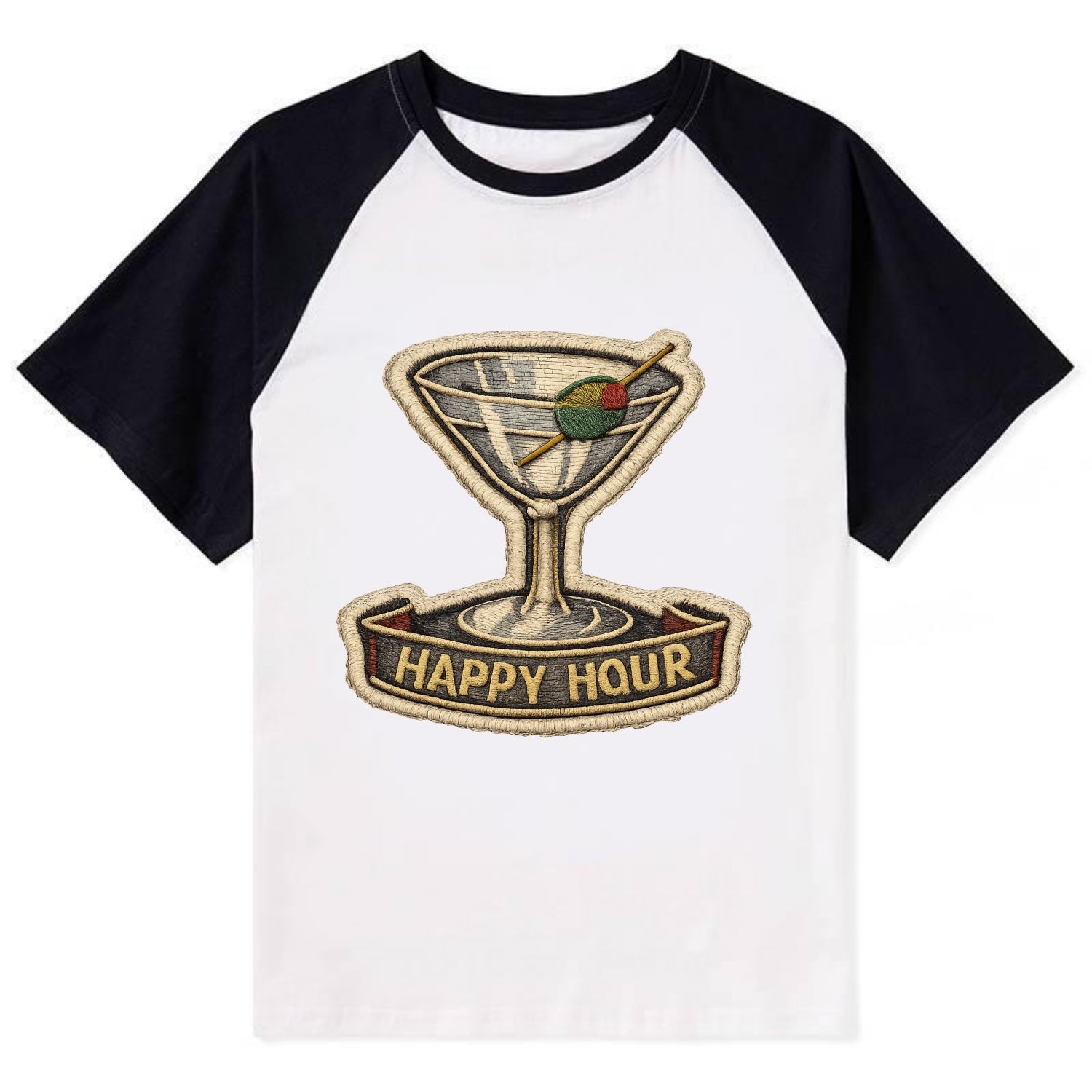 COCKTAIL MARTINI - martini glass with olive in silver and green , happy - Contrast Raglan T-shirt - Black