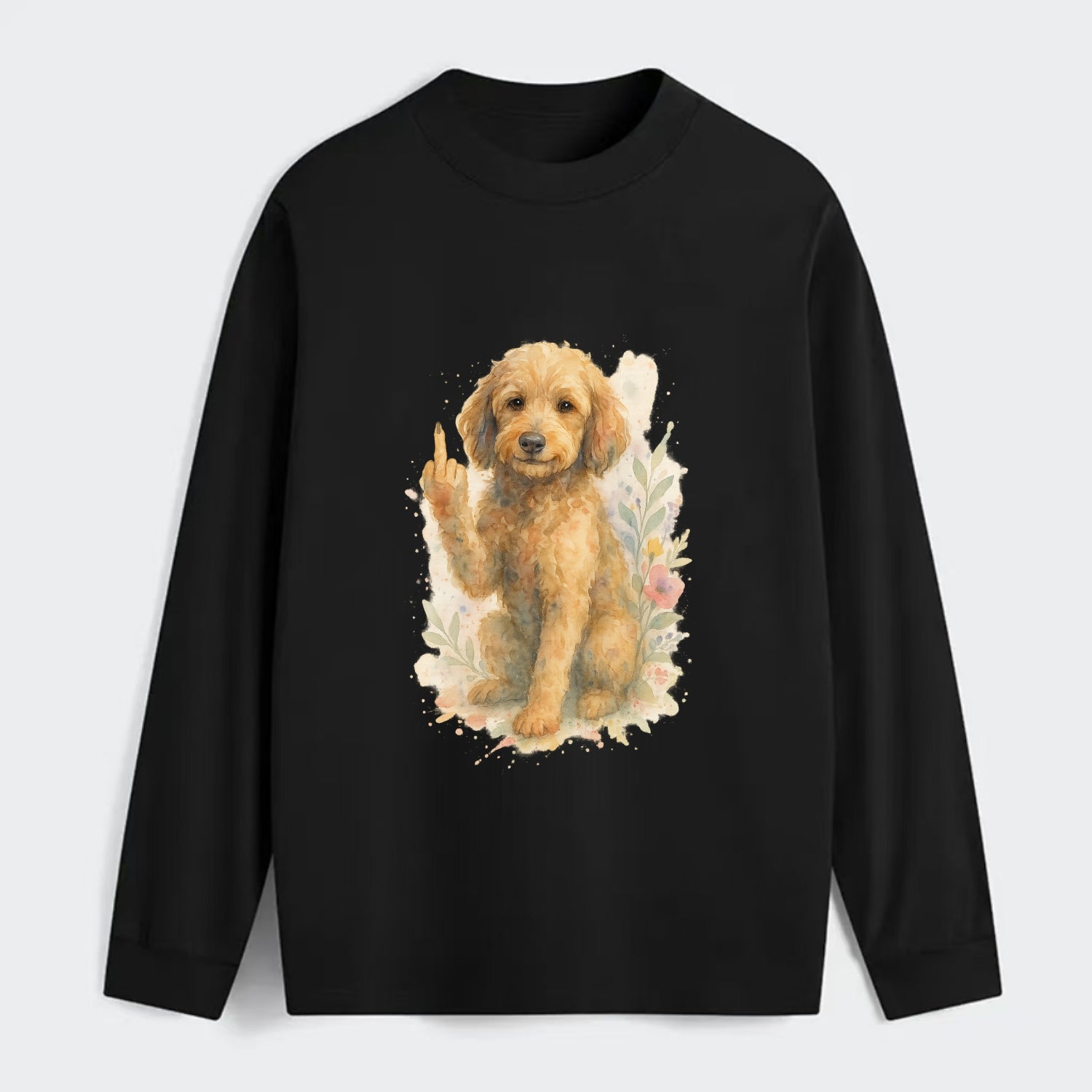 Labradoodle hypoallergenic with wavy coat, intelligent eyes, paw raised - Classic Long Sleeve Shirt - Black