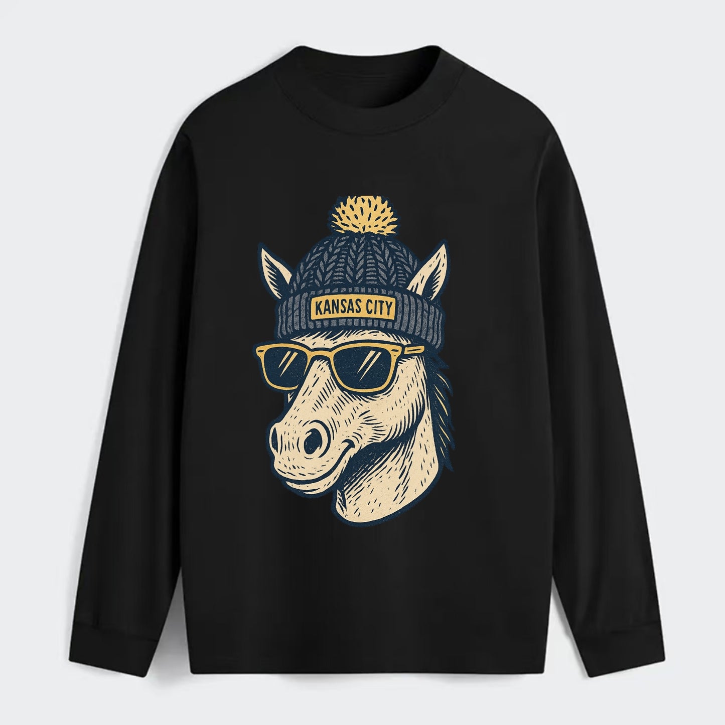 Missouri Mule wearing Kansas City beanie with pom pom and wayfarer - Classic Long Sleeve Shirt - Black