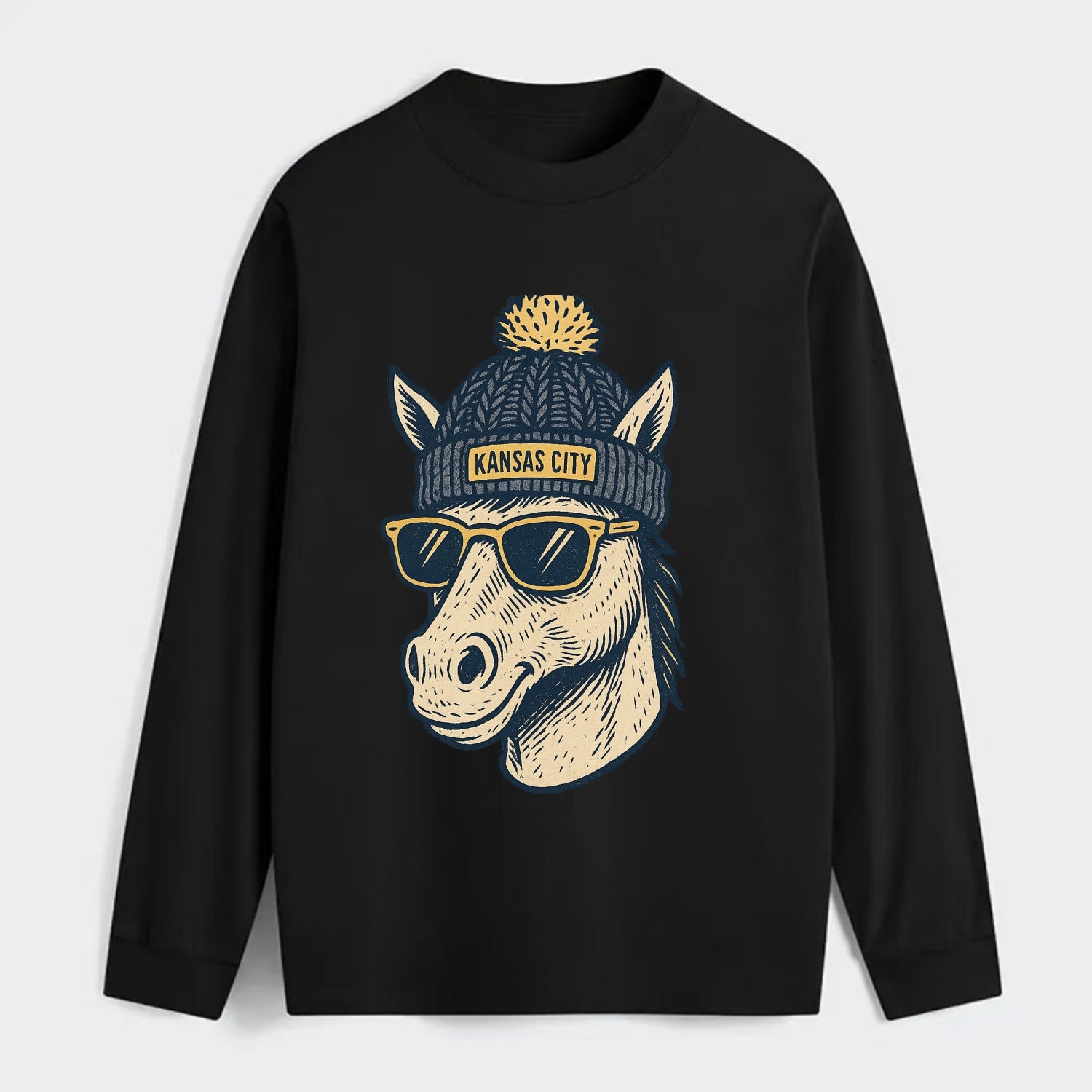Missouri Mule wearing Kansas City beanie with pom pom and wayfarer - Classic Long Sleeve Shirt - Black