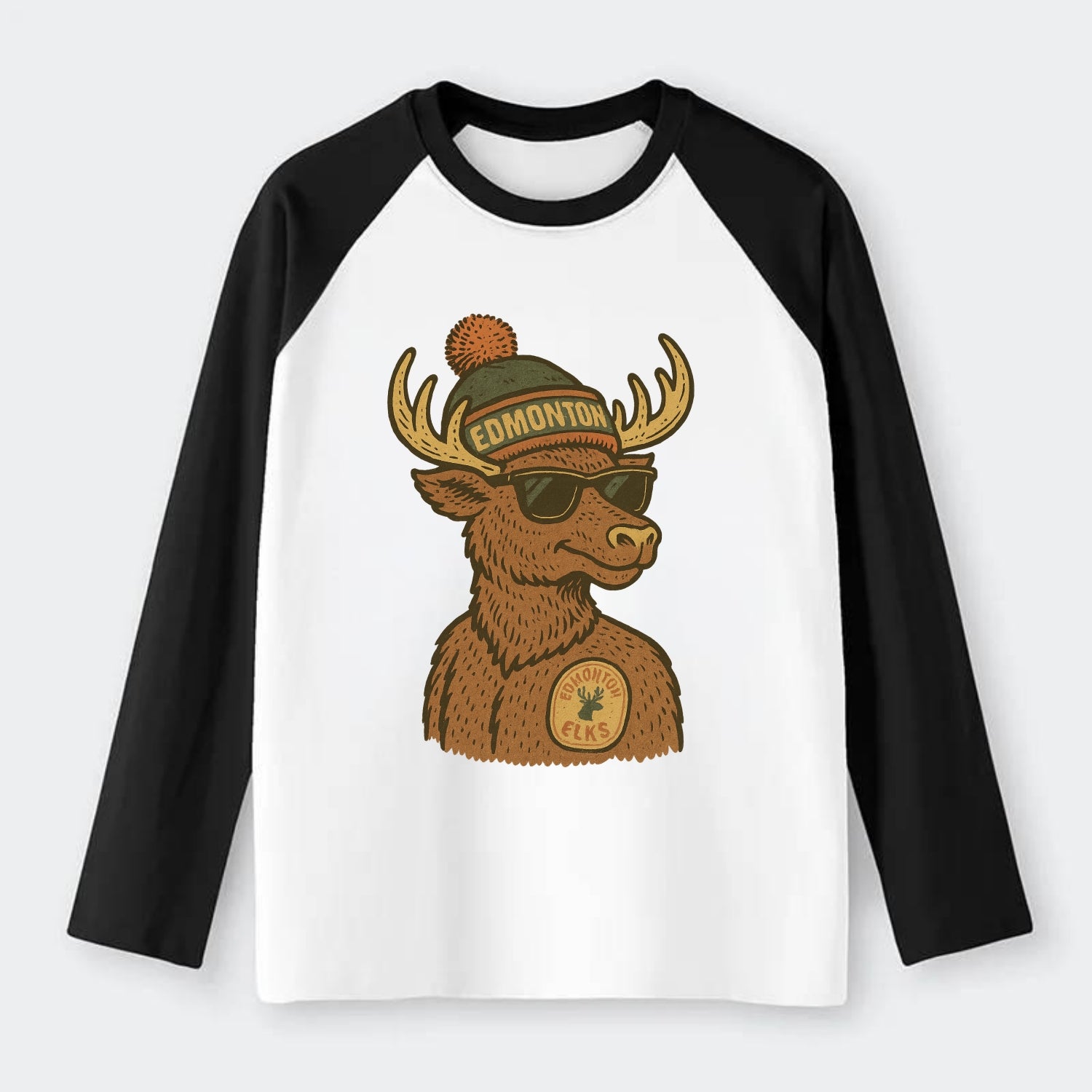 Edmonton Elk wearing Edmonton beanie with pom pom and wayfarer - Raglan Long Sleeve T-Shirt - Black