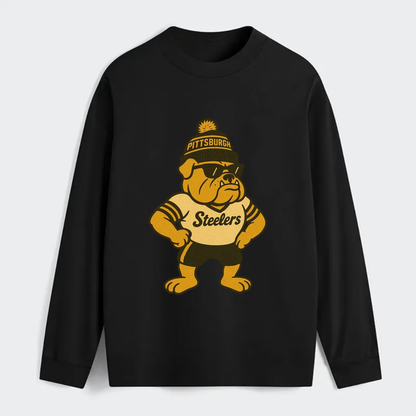 Pittsburgh Bulldog wearing Steelers black and gold beanie with pom pom - Classic Long Sleeve Shirt - Black