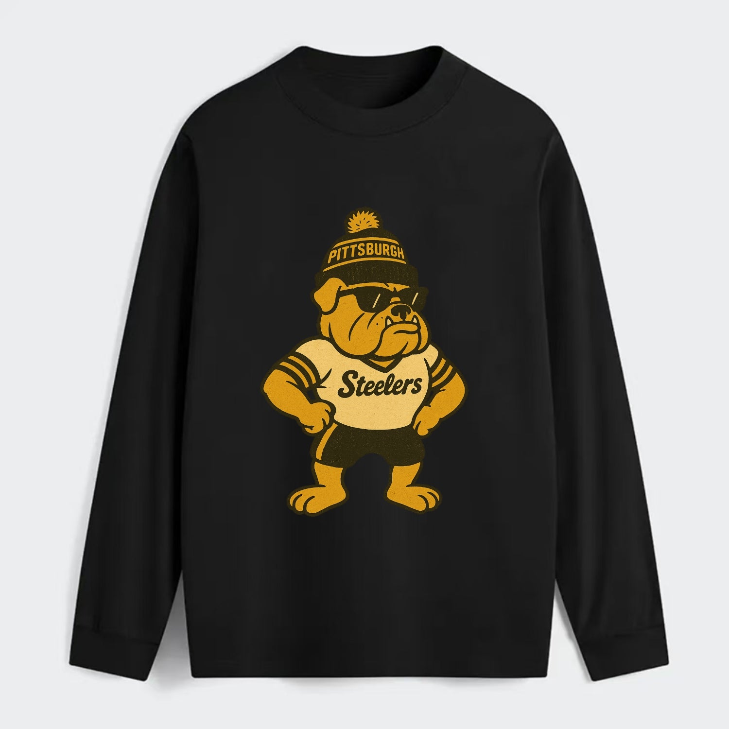 Pittsburgh Bulldog wearing Steelers black and gold beanie with pom pom - Classic Long Sleeve Shirt - Black