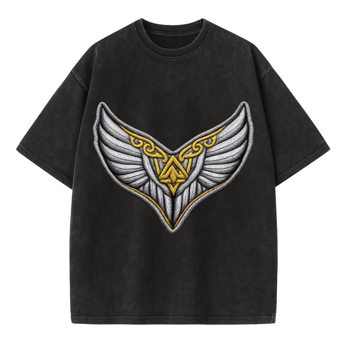 VALKYRIE WINGS - warrior maiden wings in silver and gold , Norse myth - Vintage T-shirt - Black