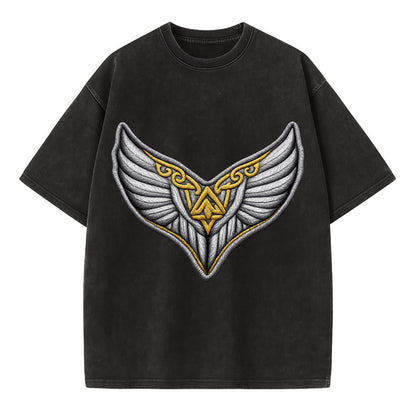 VALKYRIE WINGS - warrior maiden wings in silver and gold , Norse myth - Vintage T-shirt - Black