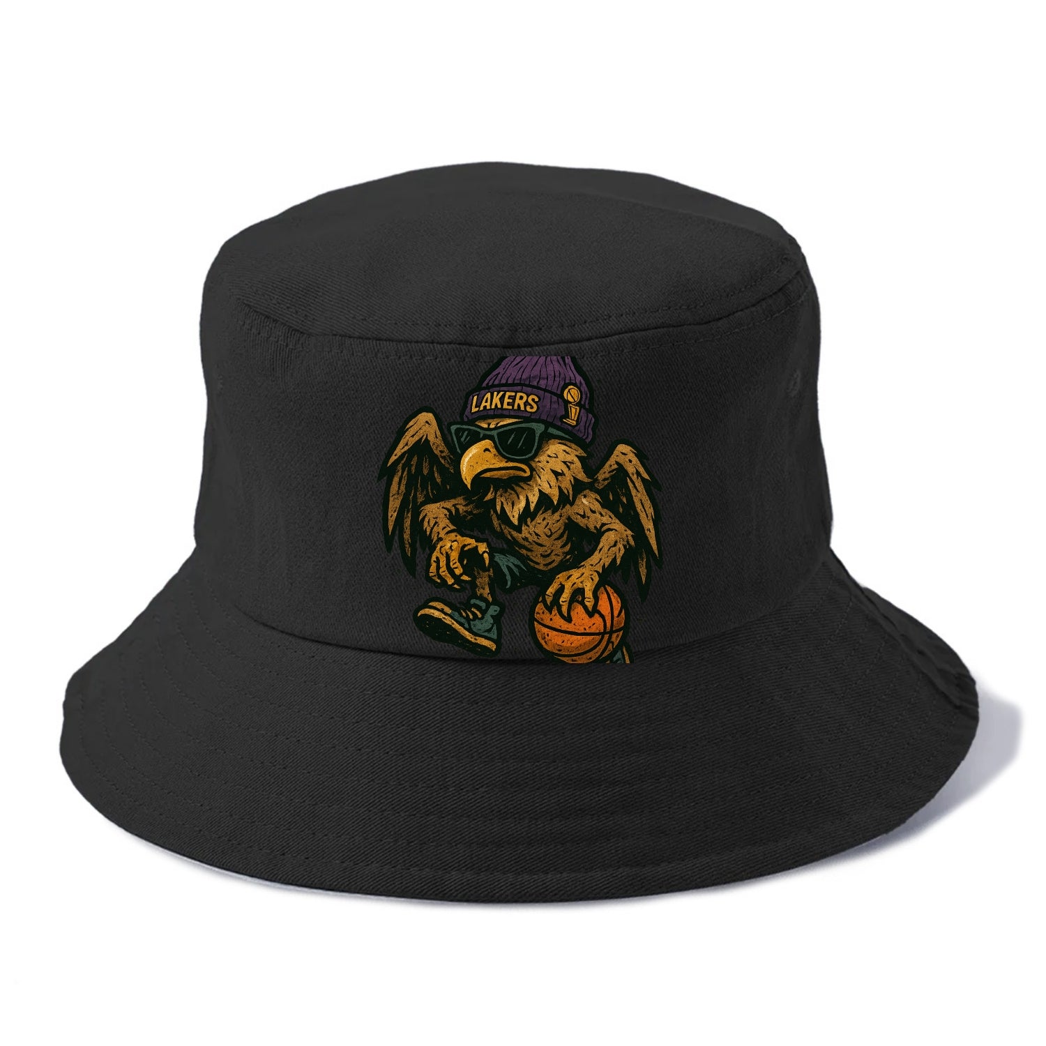 Los Angeles Golden Eagle wearing Lakers beanie with trophy patch and wayfarer - Bucket Hat - Black