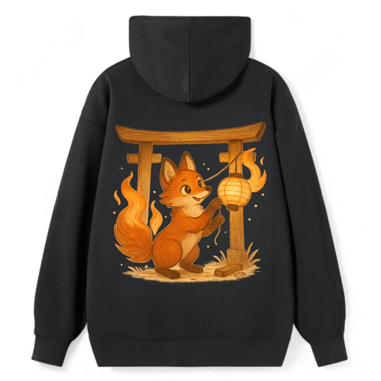 Foxfire kitsune stringing lanterns along a torii gate with tails of - Classic Pullover Hoodie - Black