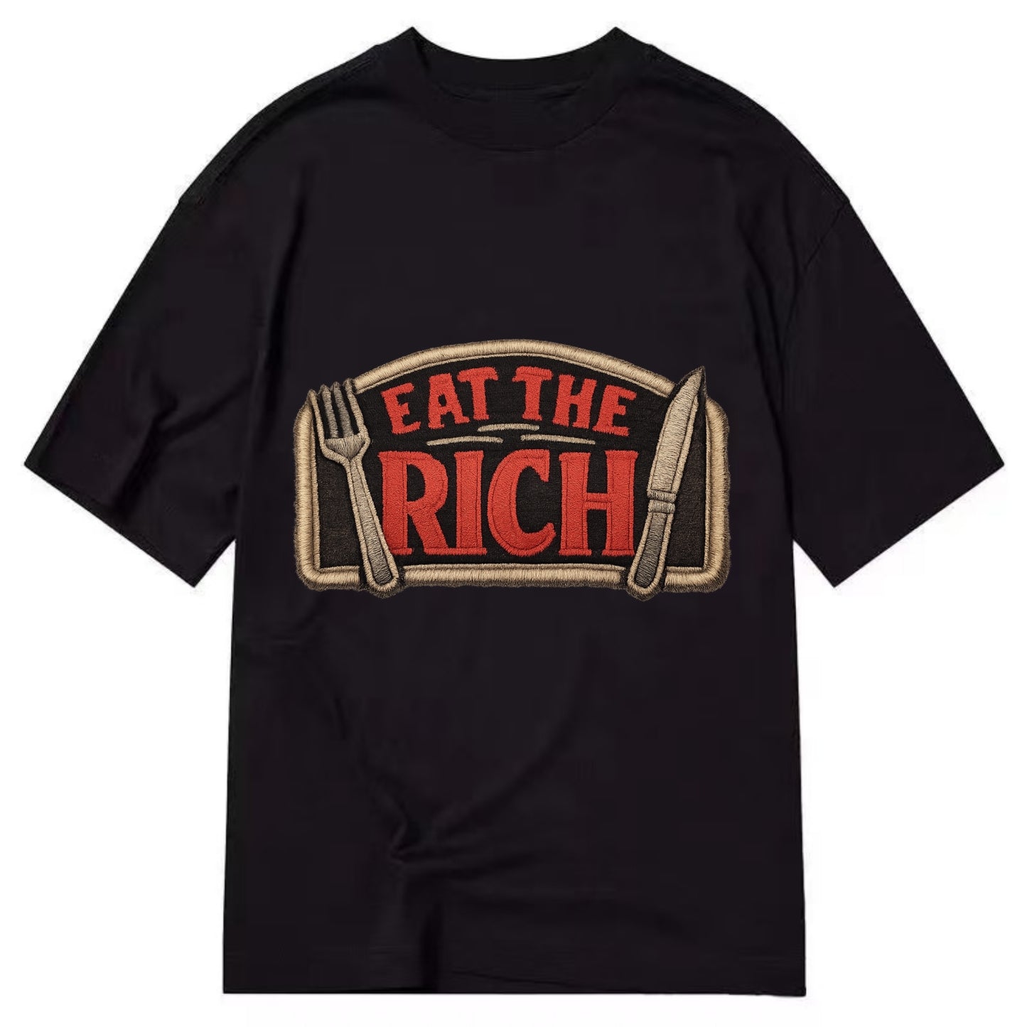 EAT THE RICH - fork and knife with text in red and silver , class war - Classic T-shirt - Black