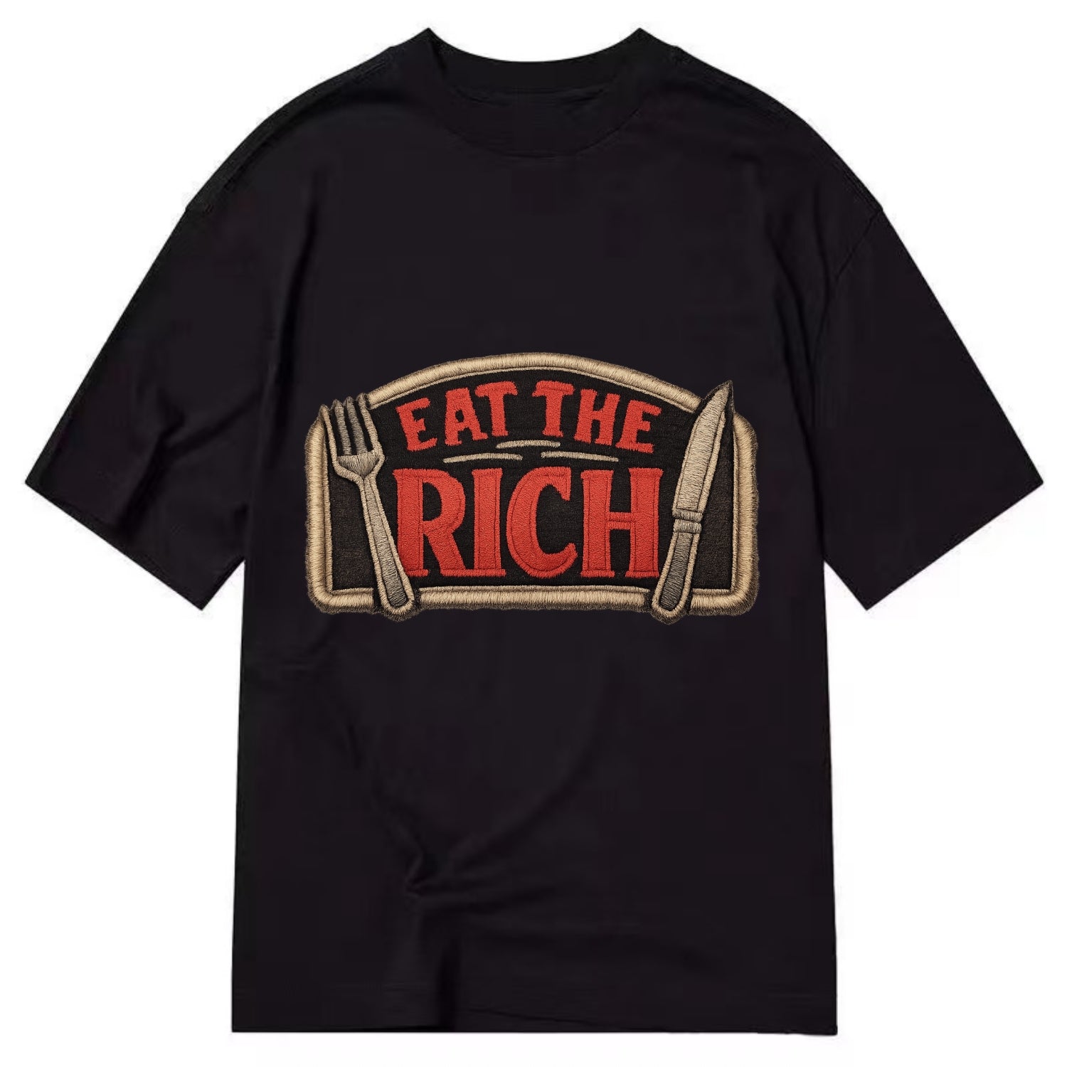 EAT THE RICH - fork and knife with text in red and silver , class war - Classic T-shirt - Black